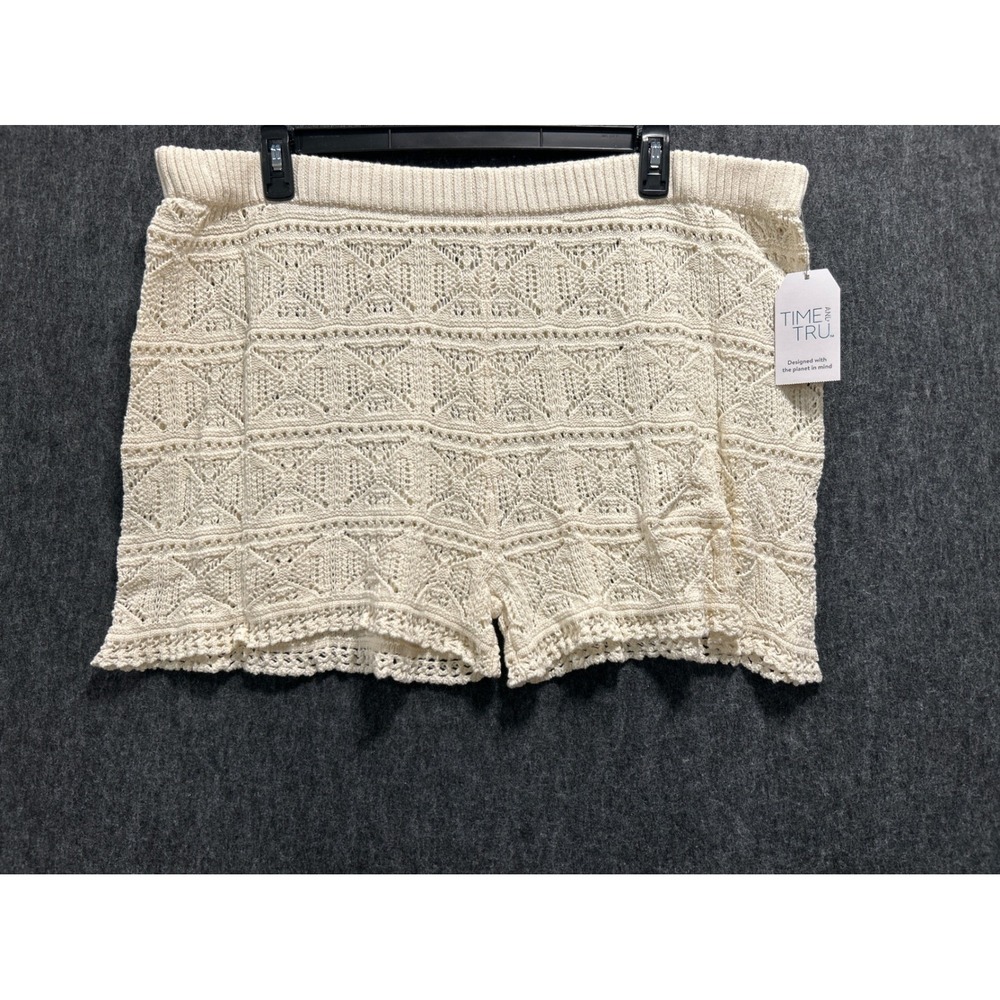 Time and Tru Crochet Shorts Womens 1X Cream New Boho Knit Beach Coverup 16W-18W